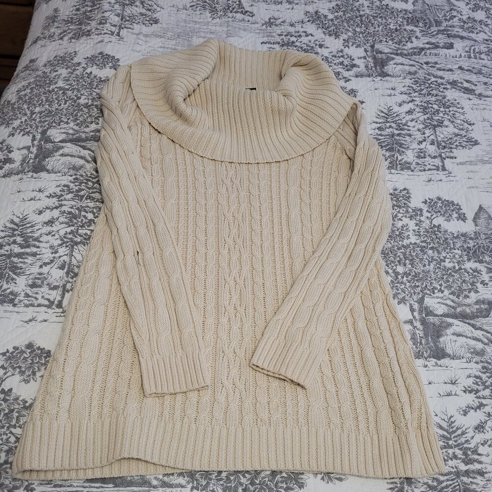Jeanne Pierre Beige Cowl Neck Cotton Cable Knit Tunic Size Small EUC